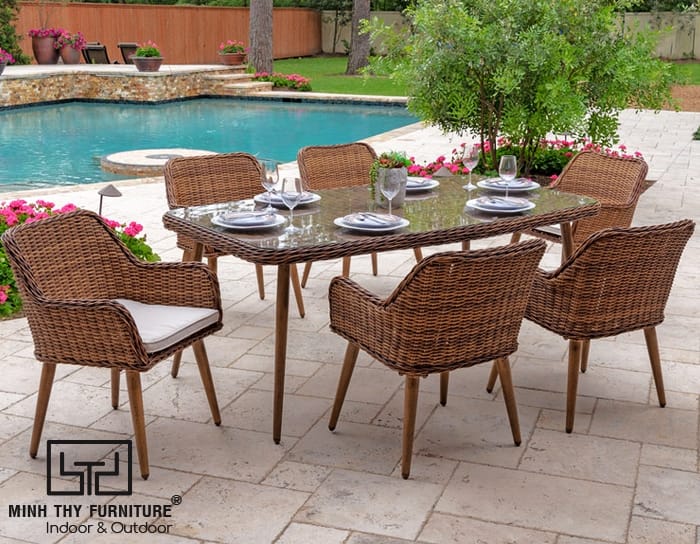 bàn ghế nhựa giả mây cafe ngoài trời hiện đại